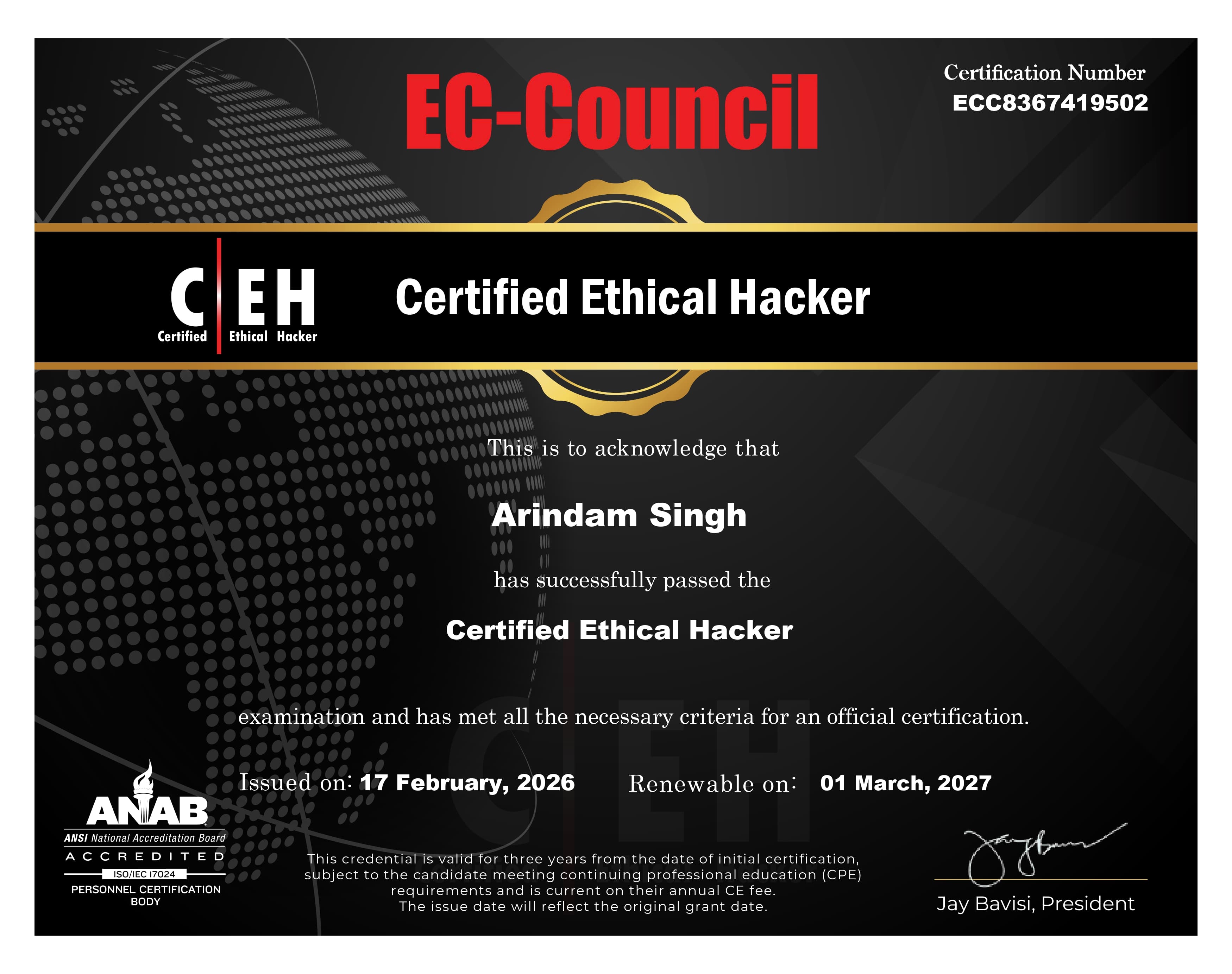 Certified Ethical Hacker (CEH v13) certificate