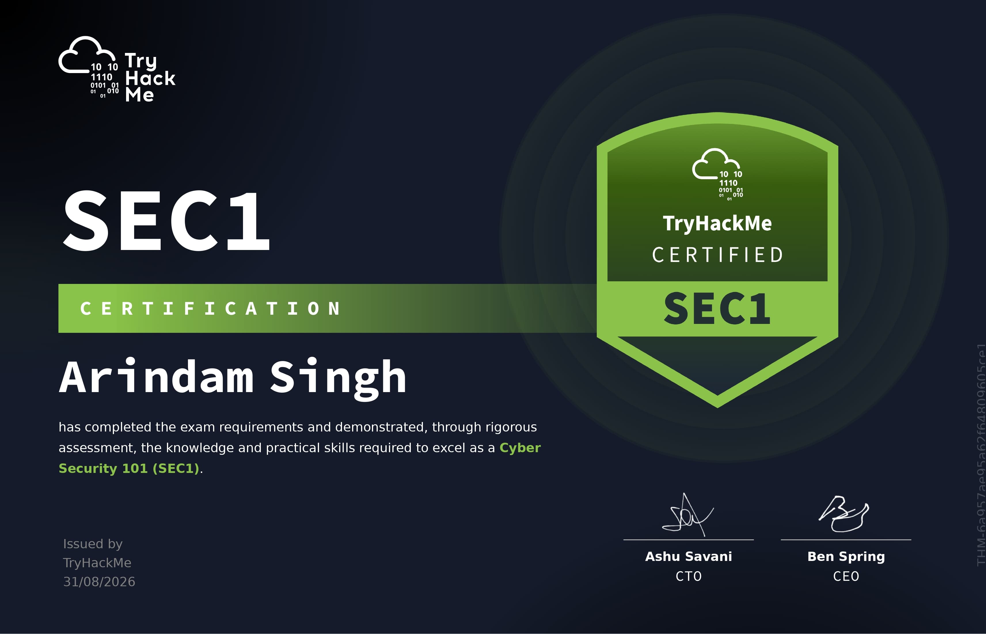 TryHackMe Cyber Security 101 (SEC1) certificate
